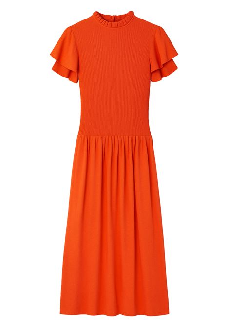 Red long dress with smock bodice, short double ruffle sleeves and flowing wide skirt for a romantic and sophisticated look. THE NEW SOCIETY |  | WDR17J1CHILI
